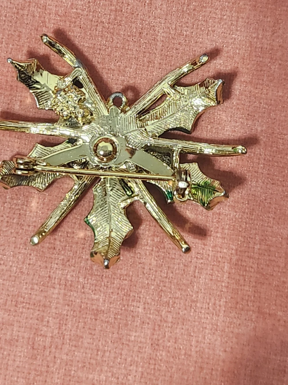 Green Holly Leaf Brooch with Red Crystal Center